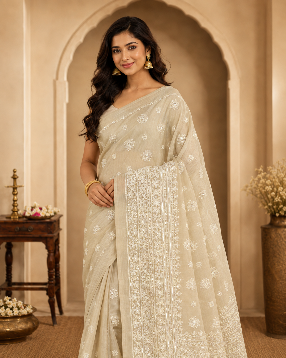 Ivory Beige Chanderi Chikankari Saree – Hand Embroidered