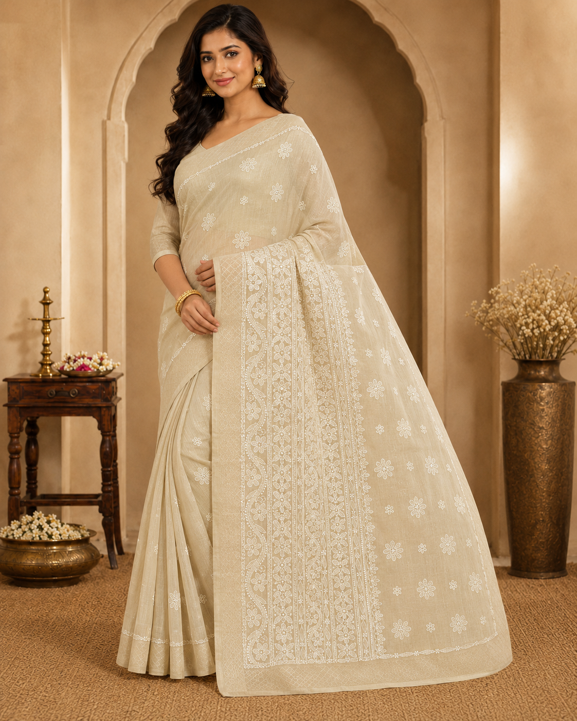 Ivory Beige Chanderi Chikankari Saree – Hand Embroidered