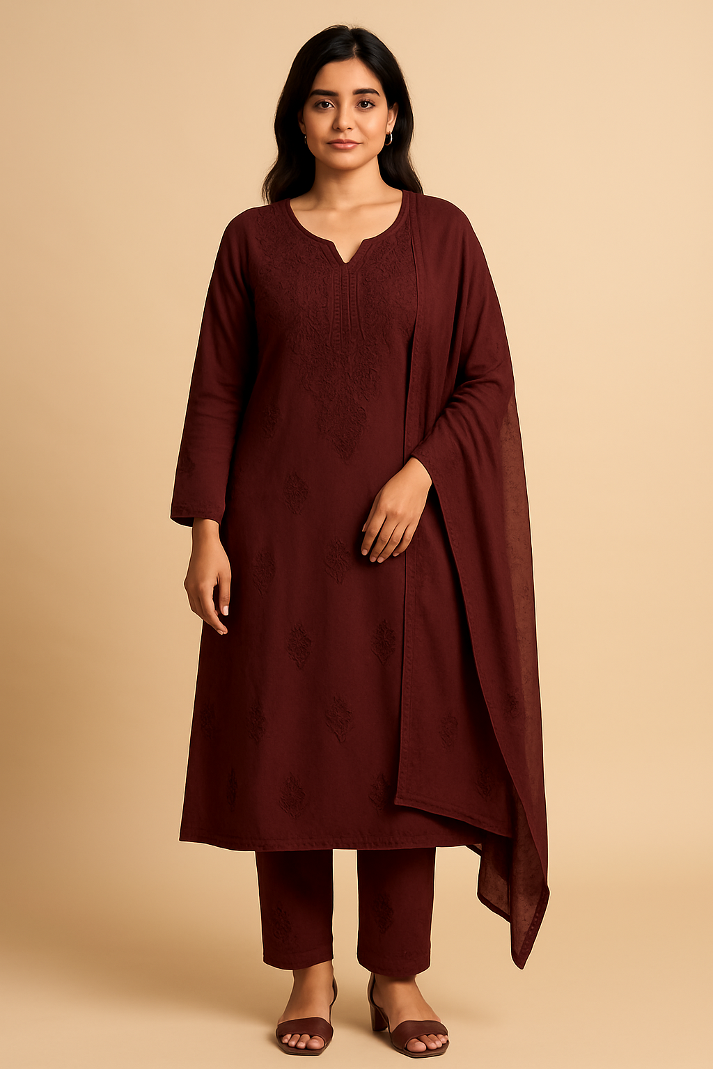 Women's Maroon Cotton Kurti Set with Embroidery & Dupatta