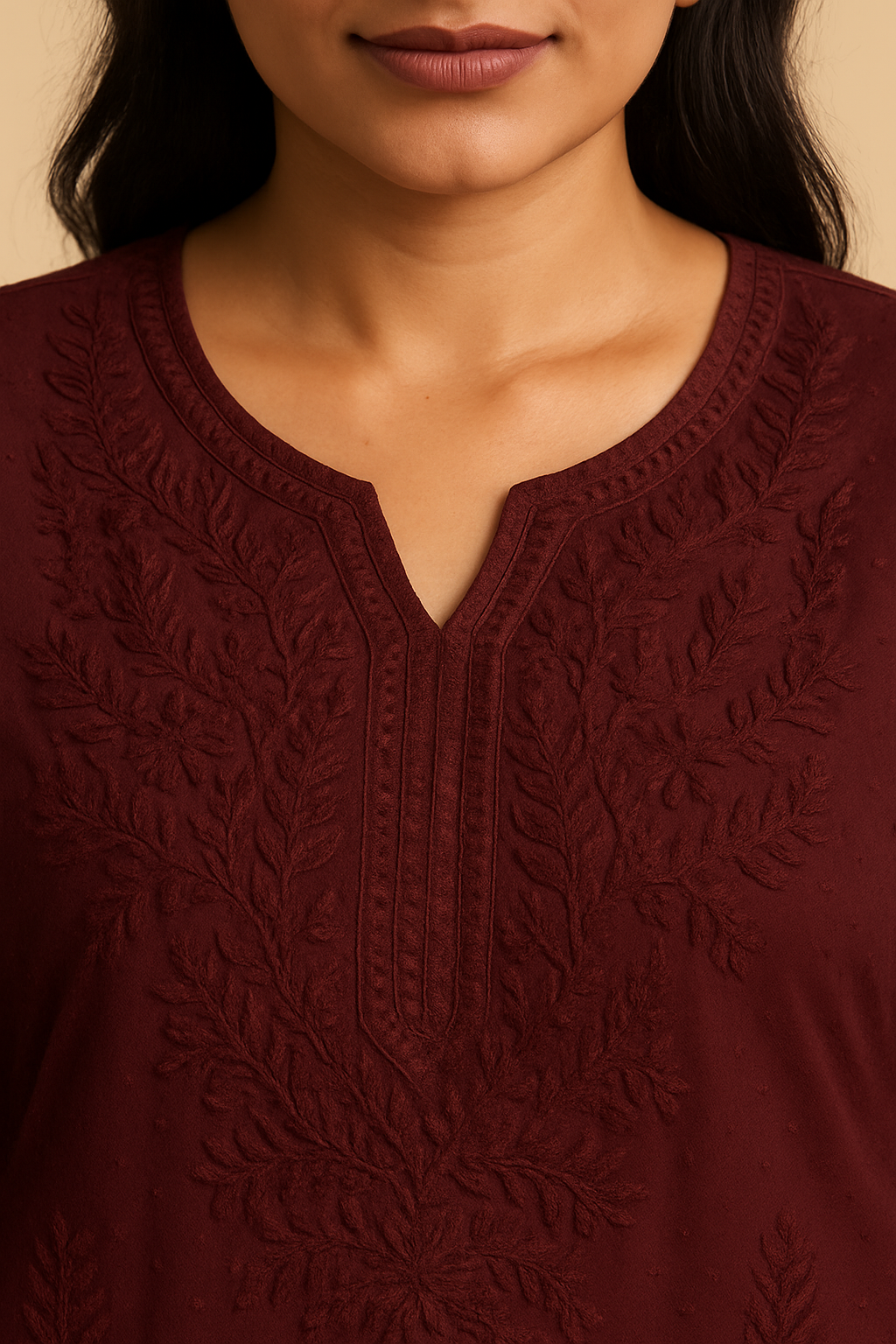 Women's Maroon Cotton Kurti Set with Embroidery & Dupatta
