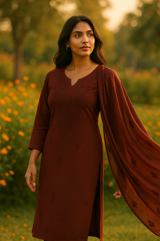 Women's Maroon Cotton Kurti Set with Embroidery & Dupatta