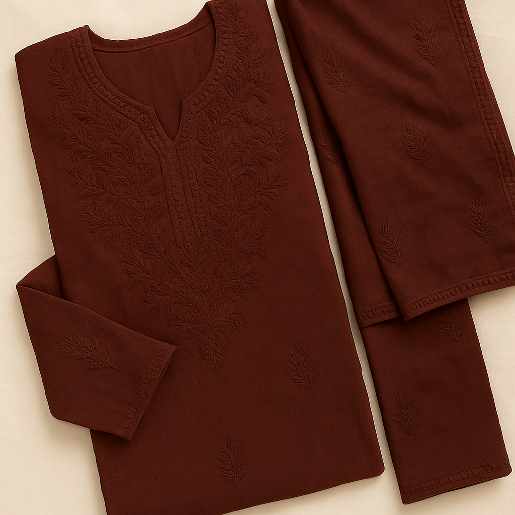 Women's Maroon Cotton Kurti Set with Embroidery & Dupatta