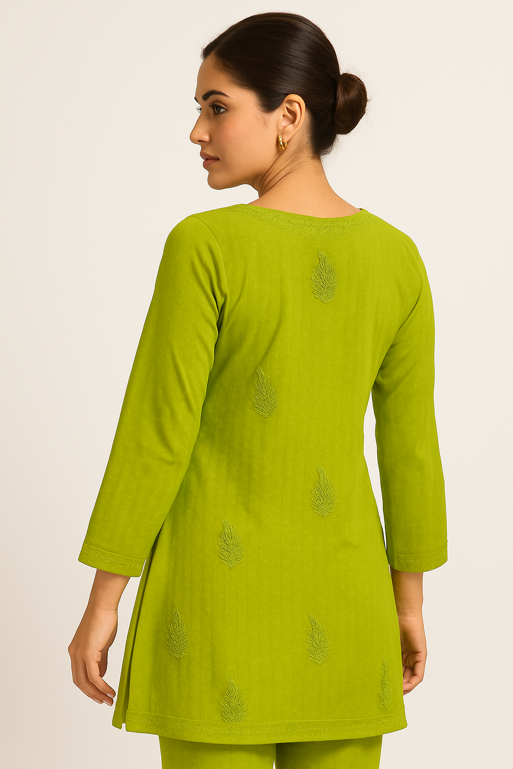 Authentic Lucknowi Chikankari Suit Set – Lime Green | Handcrafted Cotton Kurti with Pants & Dupatta