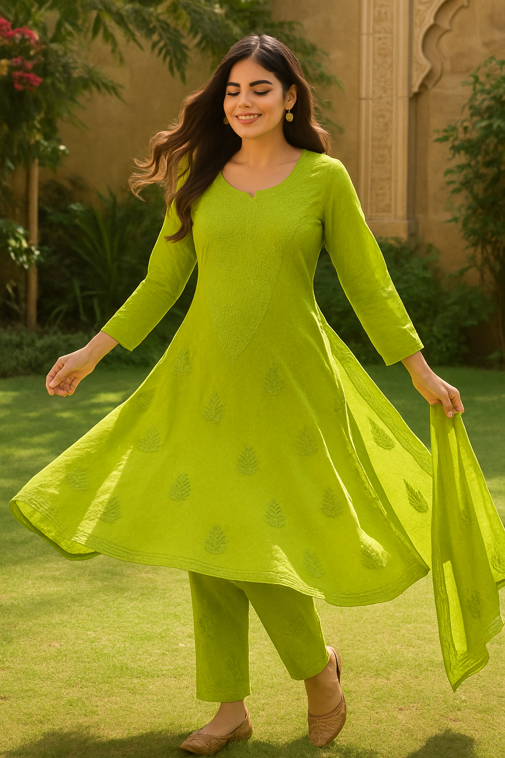 Authentic Lucknowi Chikankari Suit Set – Lime Green | Handcrafted Cotton Kurti with Pants & Dupatta