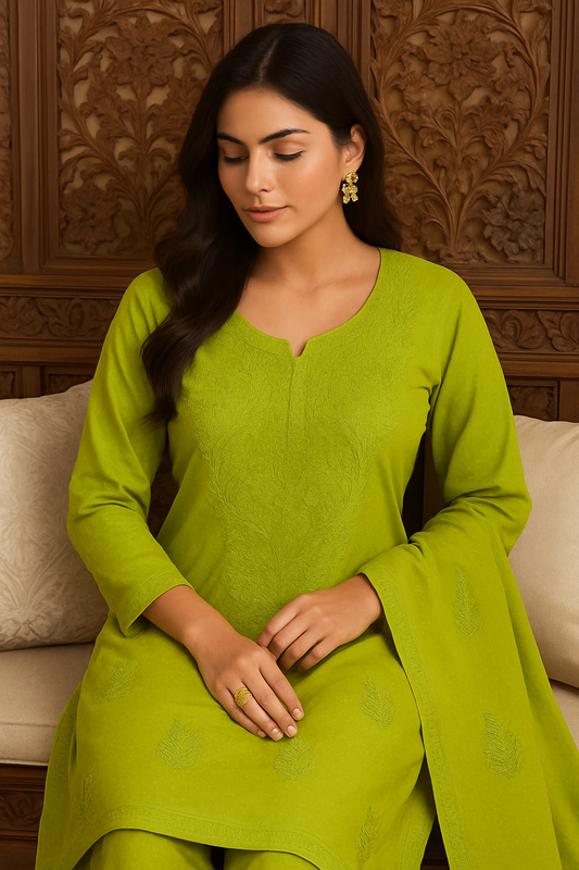 Authentic Lucknowi Chikankari Suit Set – Lime Green | Handcrafted Cotton Kurti with Pants & Dupatta
