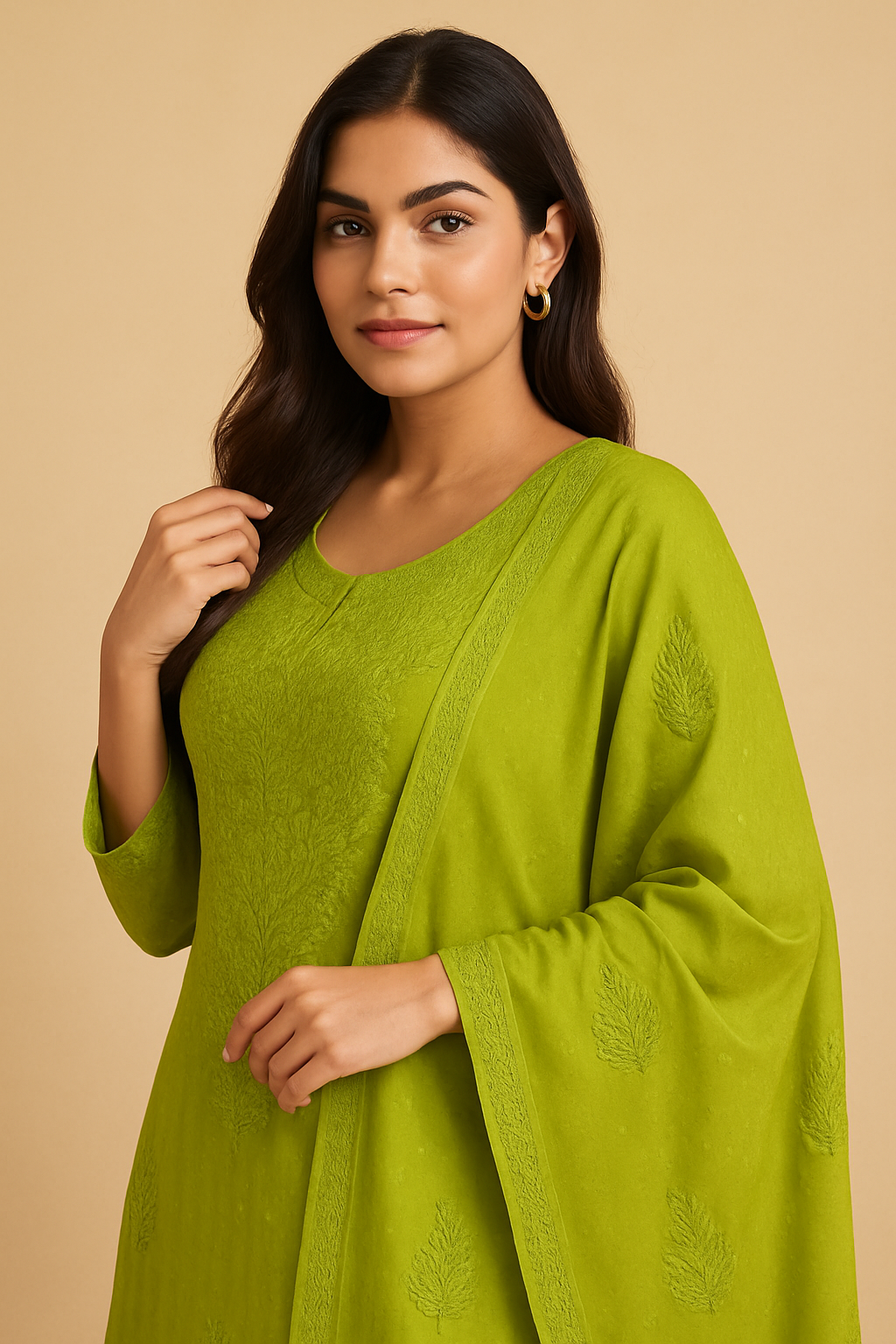 Authentic Lucknowi Chikankari Suit Set – Lime Green | Handcrafted Cotton Kurti with Pants & Dupatta