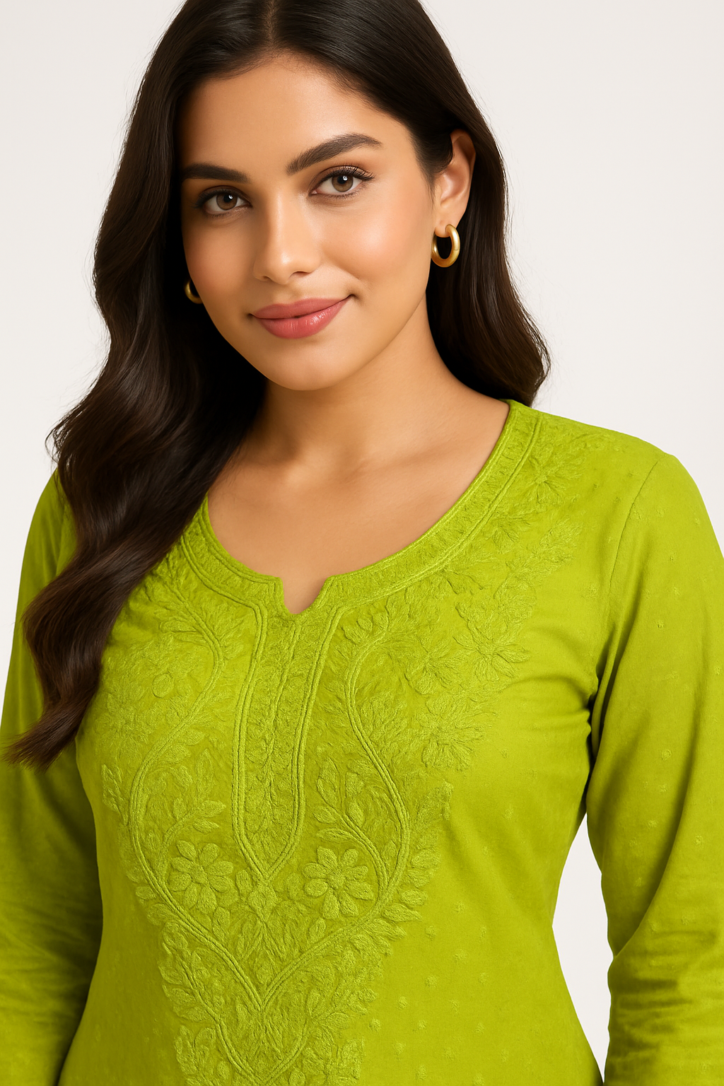 Authentic Lucknowi Chikankari Suit Set – Lime Green | Handcrafted Cotton Kurti with Pants & Dupatta