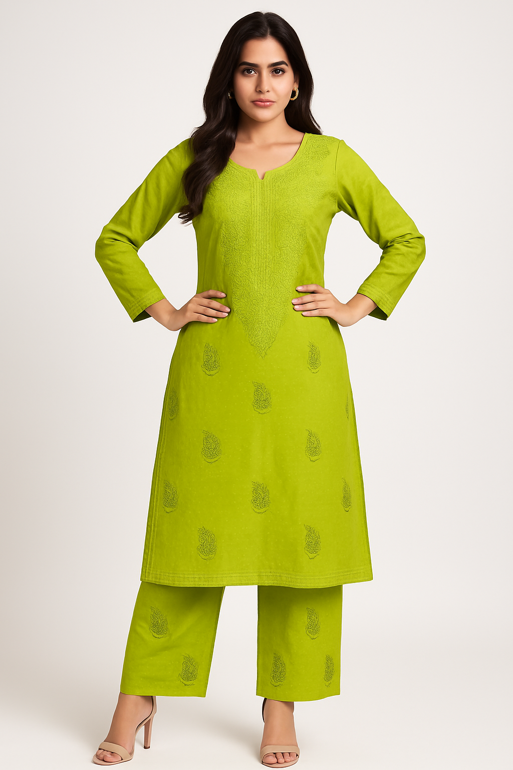 Authentic Lucknowi Chikankari Suit Set – Lime Green | Handcrafted Cotton Kurti with Pants & Dupatta