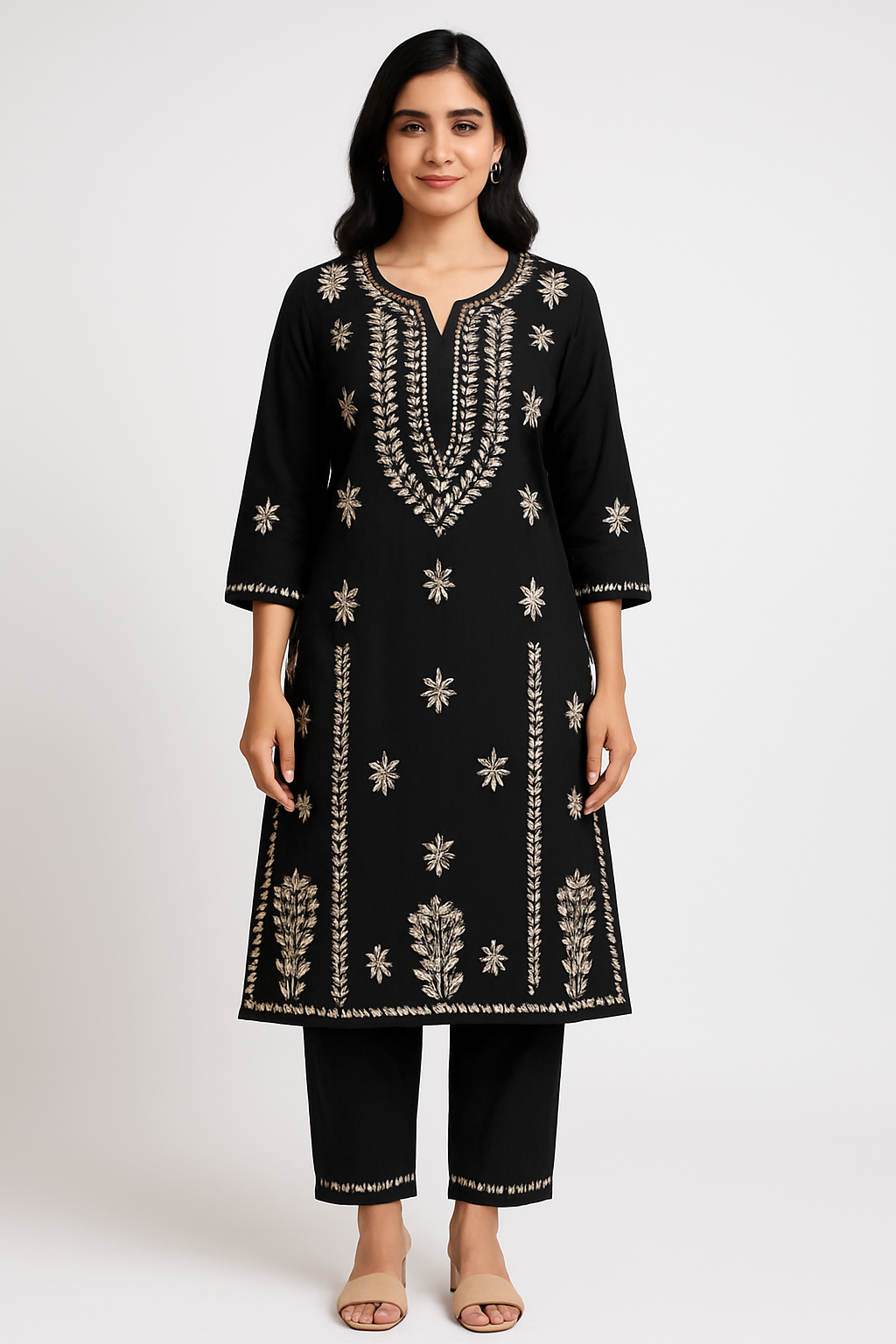 "Black Chikankari Embroidered Kurti Set with Dupatta – Elegant Handcrafted Ethnic Wear for Women"