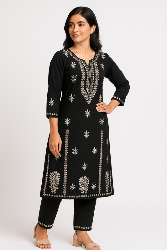 "Black Chikankari Embroidered Kurti Set with Dupatta – Elegant Handcrafted Ethnic Wear for Women"