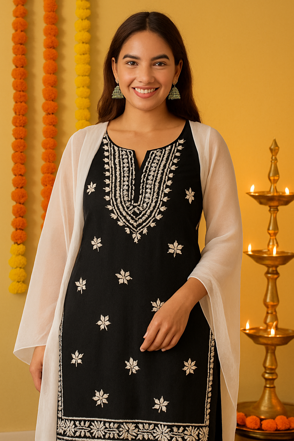 Black Sleeveless Lucknowi Chikankari Kurta Set – Handcrafted Elegance