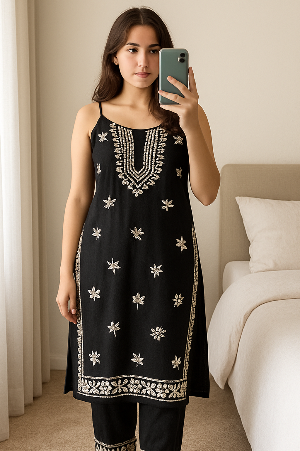 Black Sleeveless Lucknowi Chikankari Kurta Set – Handcrafted Elegance