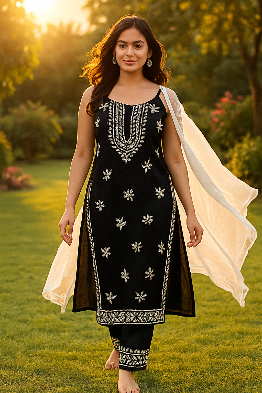 Black Sleeveless Lucknowi Chikankari Kurta Set – Handcrafted Elegance