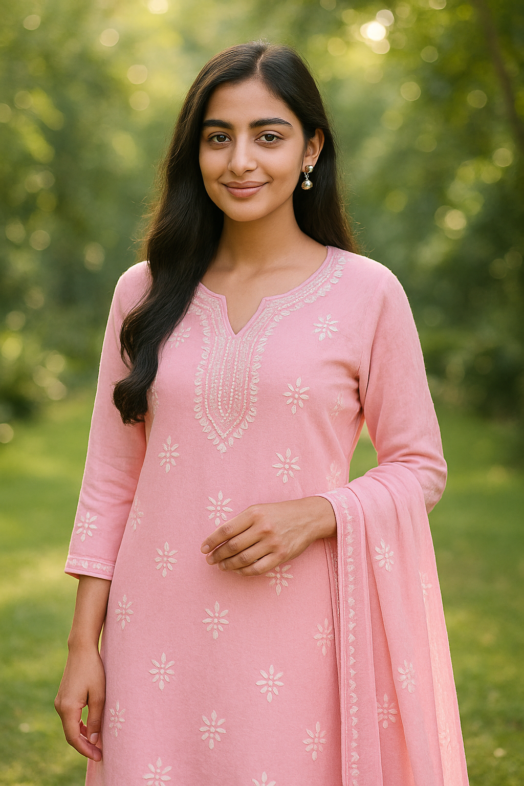 "Pink Embroidered Kurta Set – Elegant Detailing on a Neutral Canvas"