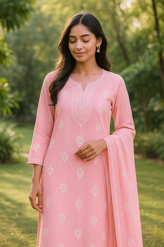 "Pink Embroidered Kurta Set – Elegant Detailing on a Neutral Canvas"