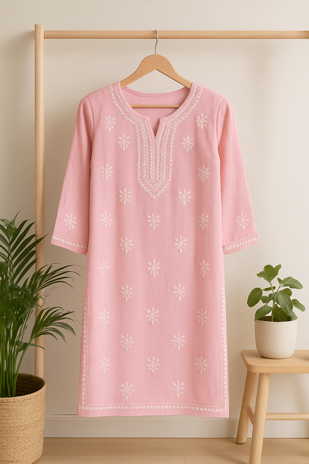 "Pink Embroidered Kurta Set – Elegant Detailing on a Neutral Canvas"
