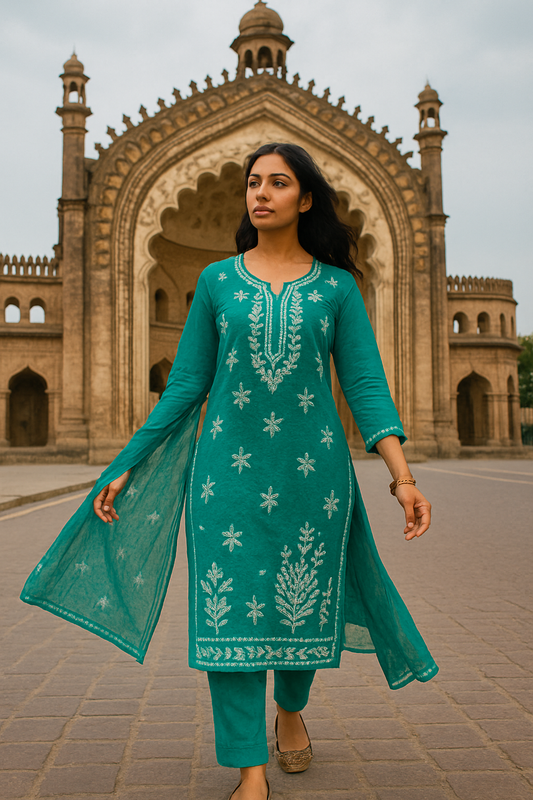 "Teal Green Handcrafted Lucknowi Chikankari Cotton Kurta Set with Dupatta – Elegant Ethnic Wear for Women"