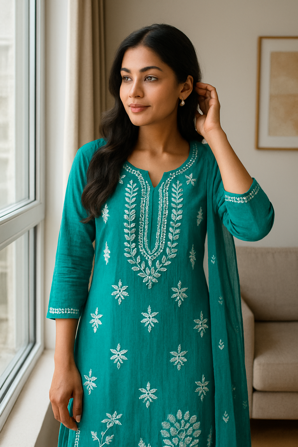 "Teal Green Handcrafted Lucknowi Chikankari Cotton Kurta Set with Dupatta – Elegant Ethnic Wear for Women"