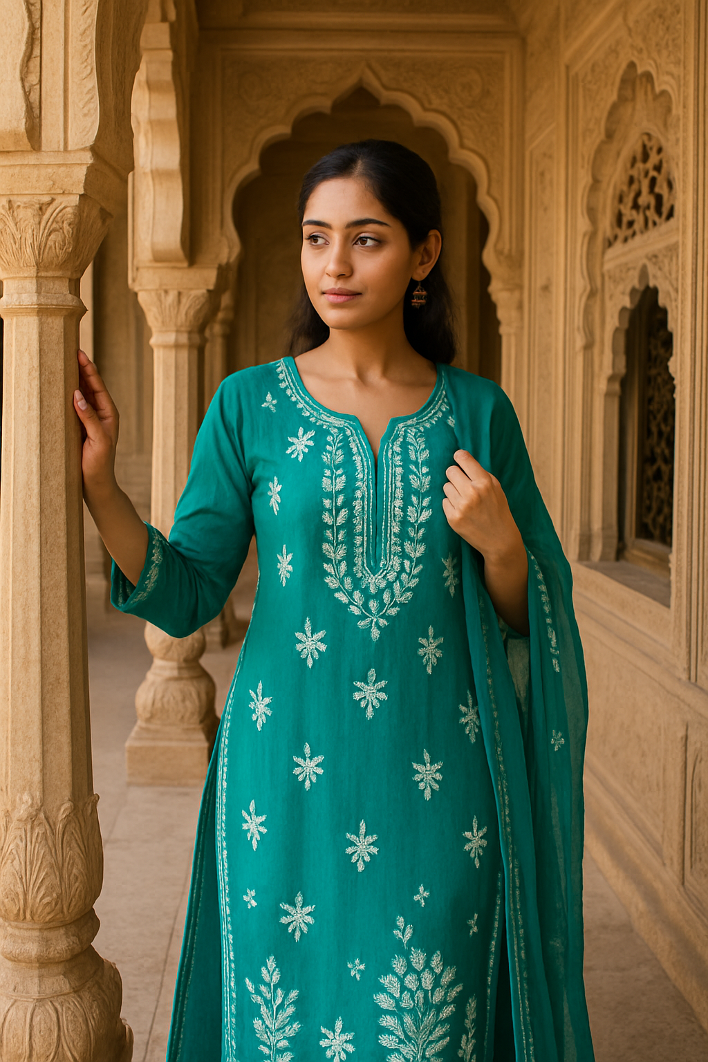 "Teal Green Handcrafted Lucknowi Chikankari Cotton Kurta Set with Dupatta – Elegant Ethnic Wear for Women"