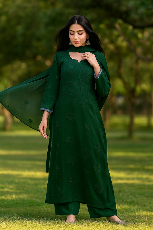 Forest Green Hand-Embroidered Chikankari Kurta Set