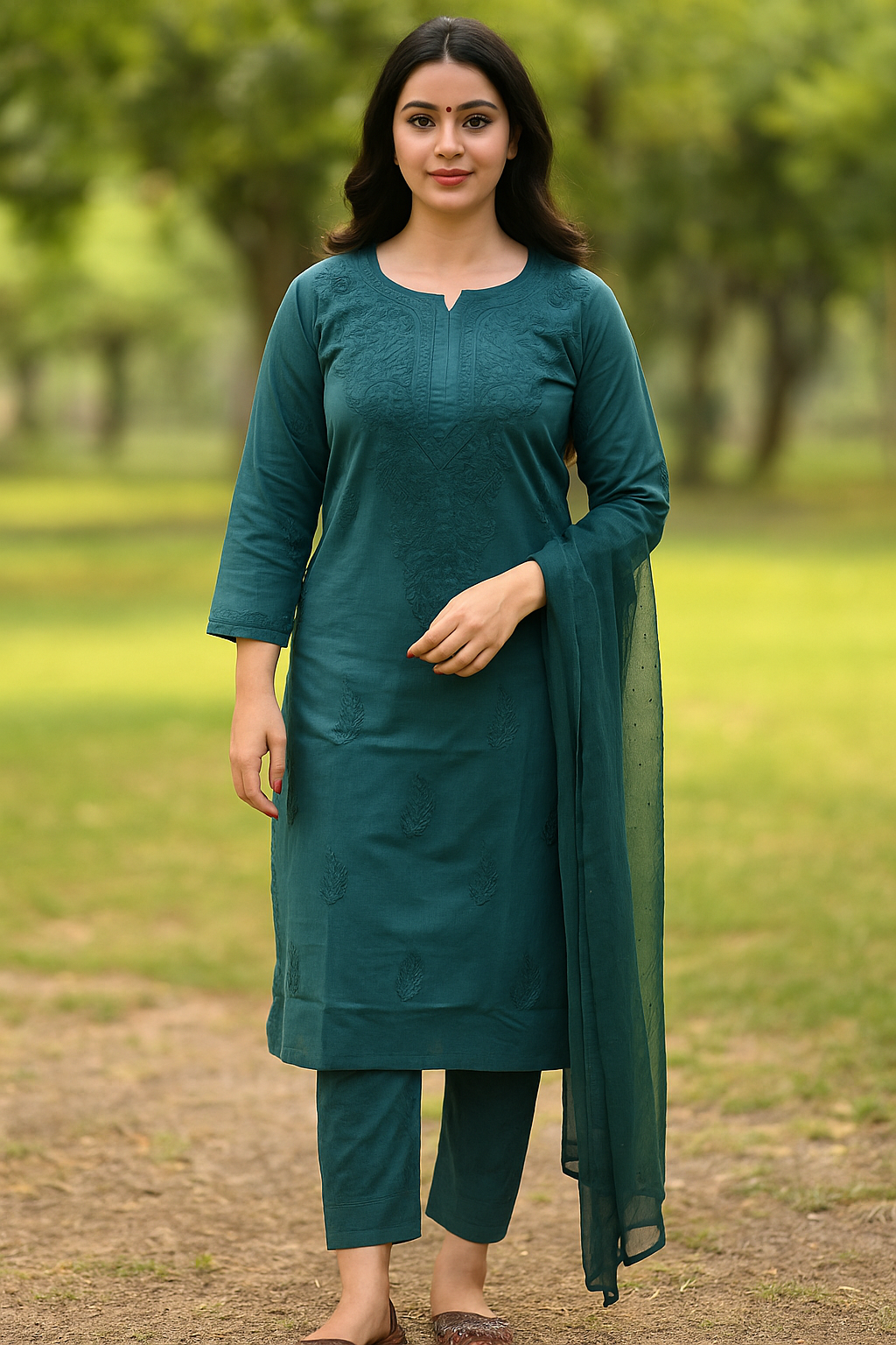 Teal Blue Hand-Embroidered Chikankari Kurta with Trousers & Dupatta