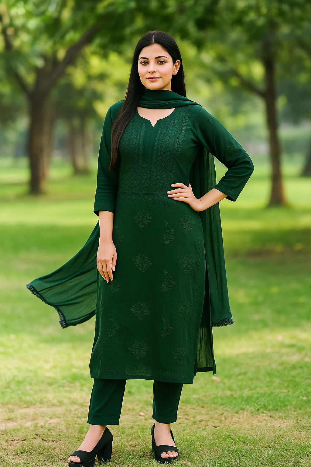 Forest Green Hand-Embroidered Chikankari Kurta Set