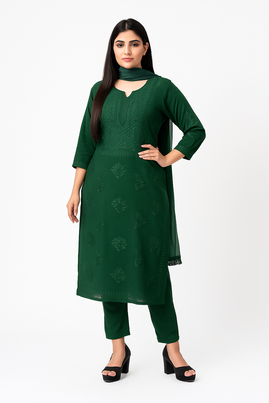 Forest Green Hand-Embroidered Chikankari Kurta Set