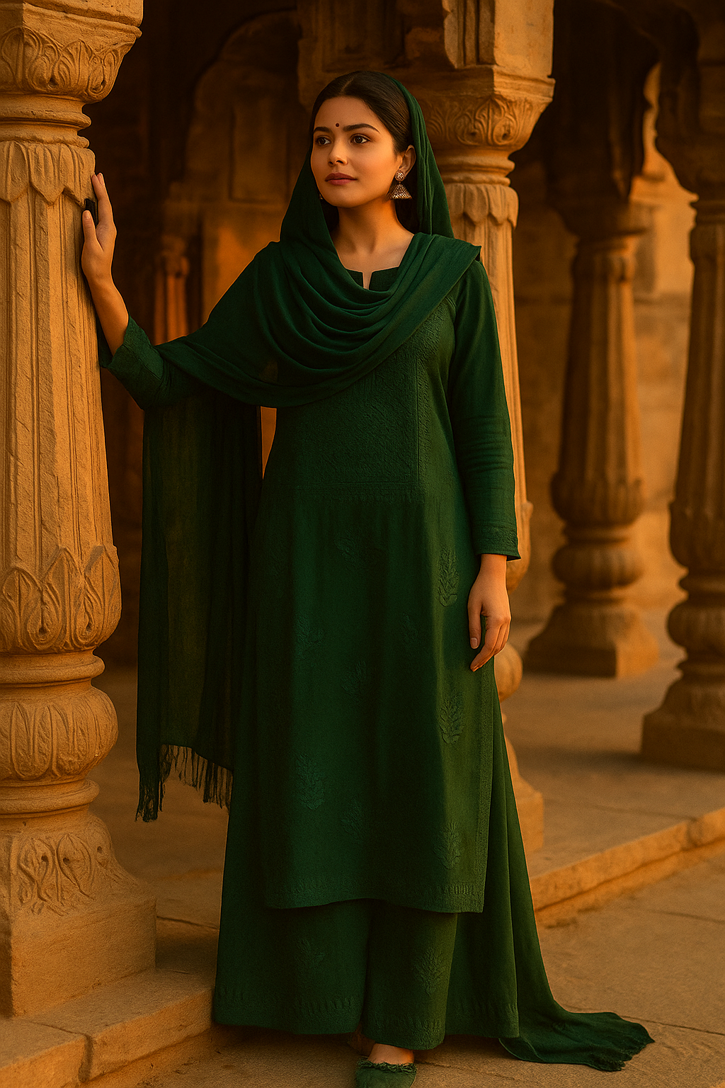 Forest Green Hand-Embroidered Chikankari Kurta Set