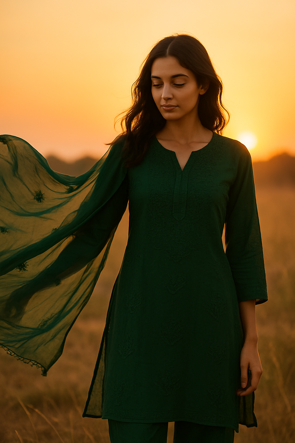 Forest Green Hand-Embroidered Chikankari Kurta Set