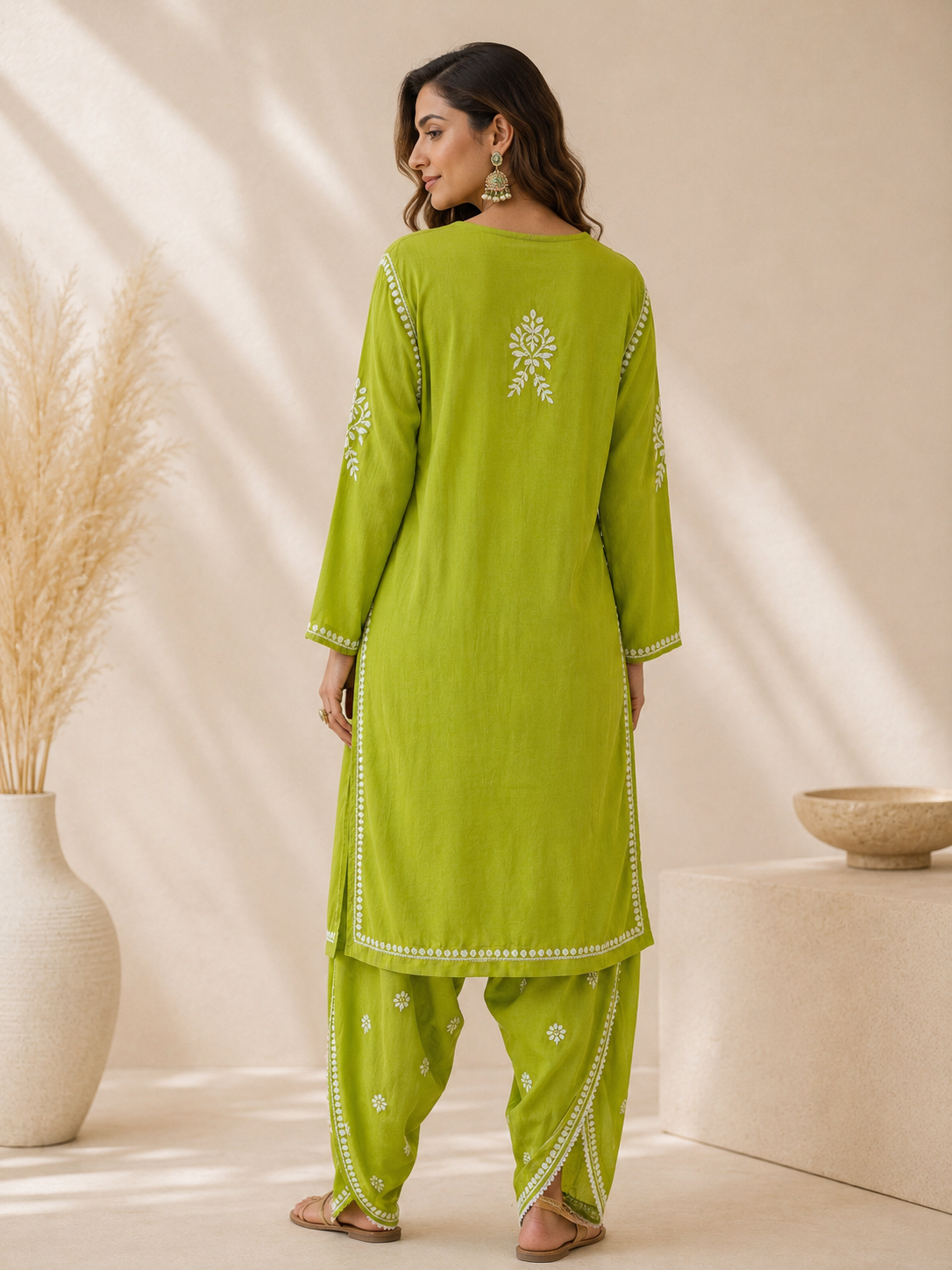 Lime Green Handcrafted Lucknow Chikankari Cotton Co-Ord Set for Women | Kurta & Tulip Pant Set