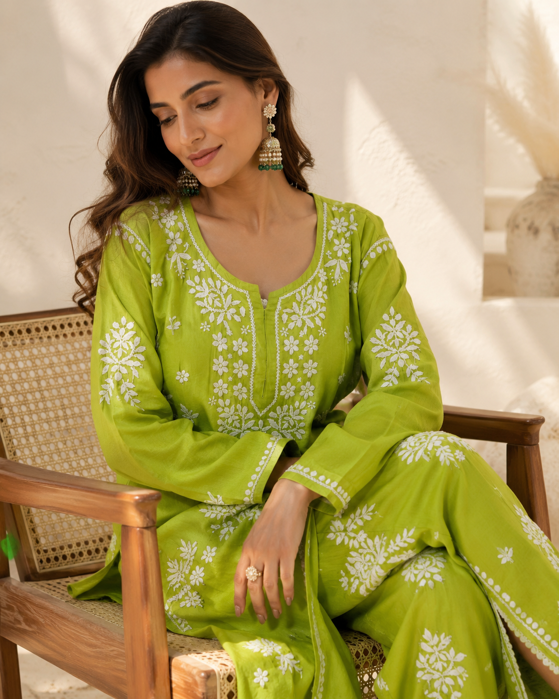 Lime Green Handcrafted Lucknow Chikankari Cotton Co-Ord Set for Women | Kurta & Tulip Pant Set