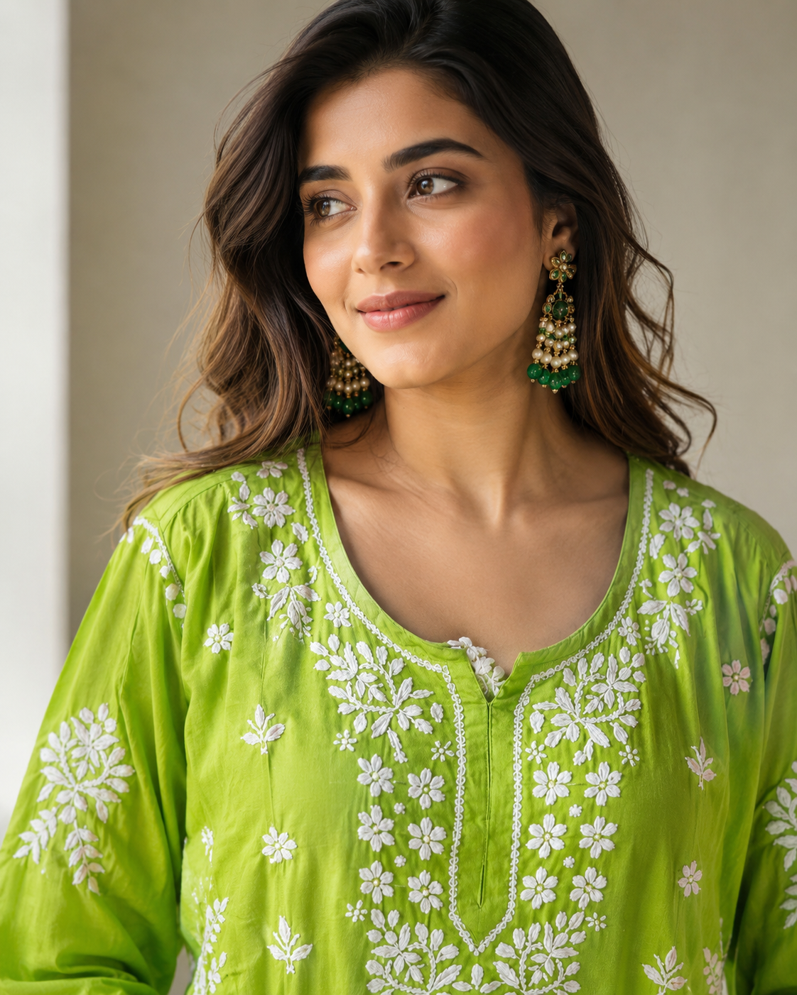 Lime Green Handcrafted Lucknow Chikankari Cotton Co-Ord Set for Women | Kurta & Tulip Pant Set