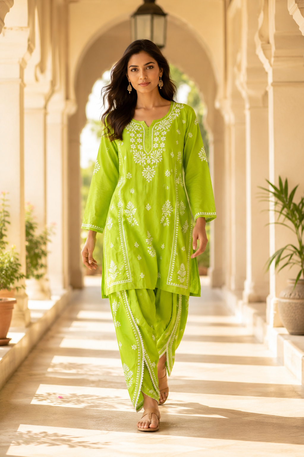 Lime Green Handcrafted Lucknow Chikankari Cotton Co-Ord Set for Women | Kurta & Tulip Pant Set