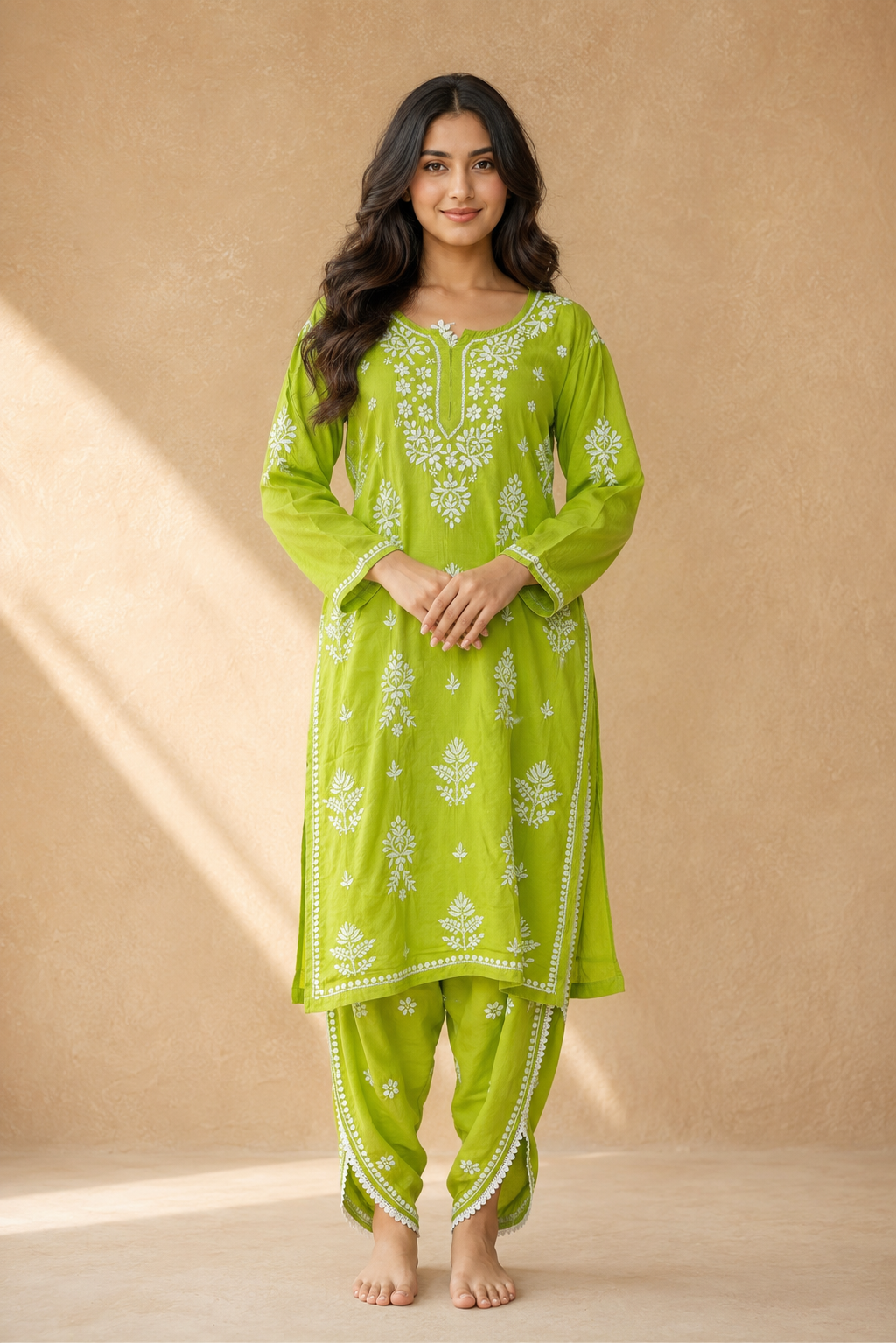 Lime Green Handcrafted Lucknow Chikankari Cotton Co-Ord Set for Women | Kurta & Tulip Pant Set