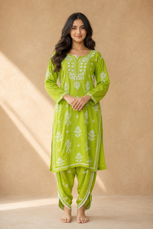 Lime green cotton Chikankari co-ord set front view