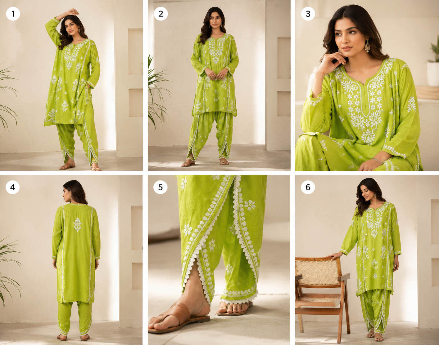 Lime Green Handcrafted Lucknow Chikankari Cotton Co-Ord Set for Women | Kurta & Tulip Pant Set