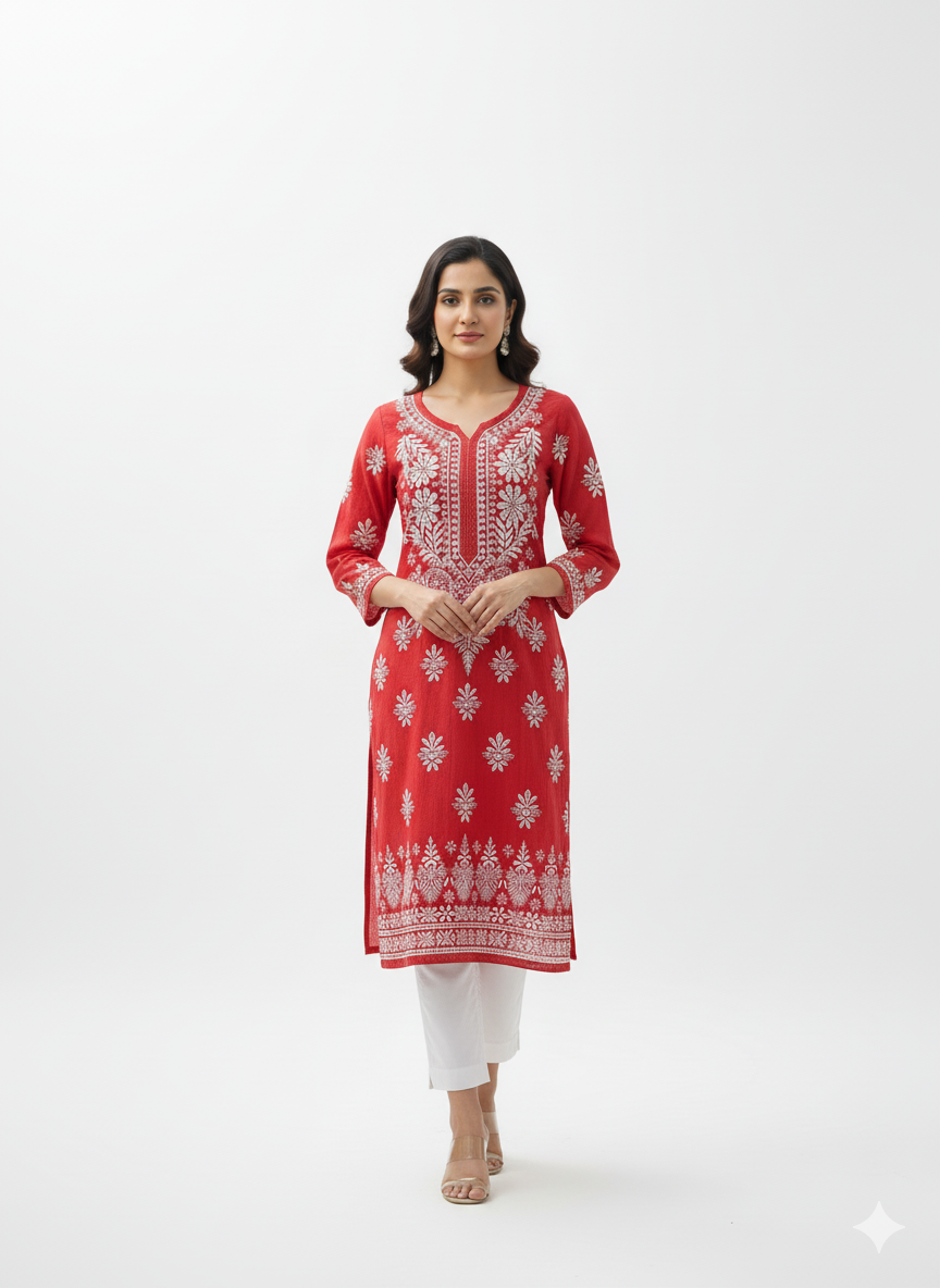 "Red Modal Chikankari Kurti with White Hand Embroidery | Elegant Lucknowi Ethnic Wear for Women"