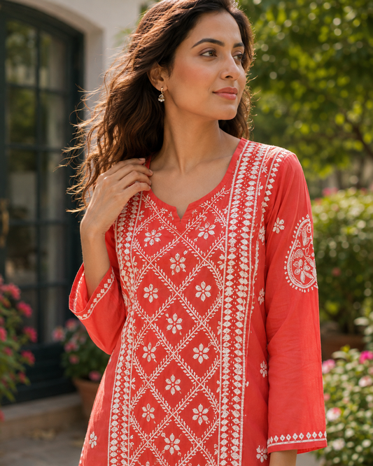Coral Red Handcrafted Lucknowi Chikankari Kurta Pant Set for Women