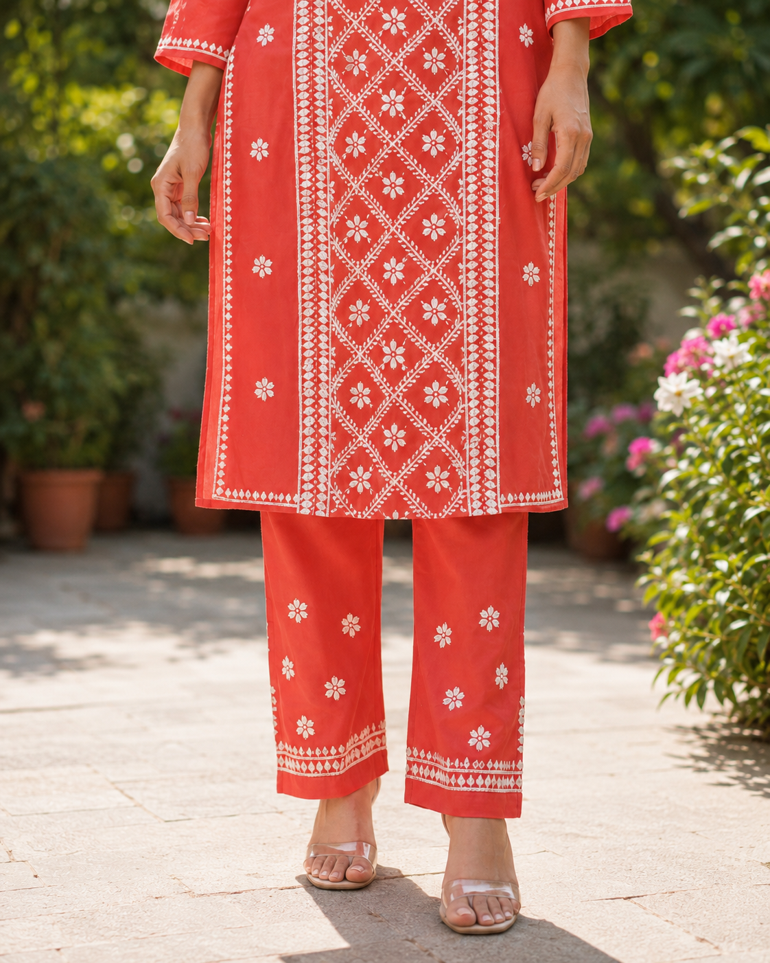 Coral Red Handcrafted Lucknowi Chikankari Kurta Pant Set for Women
