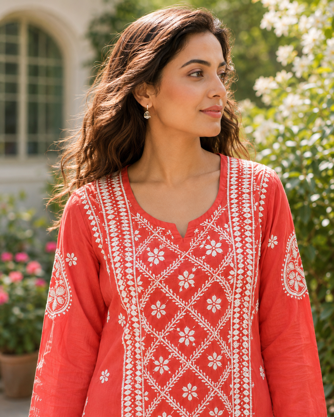 Coral Red Handcrafted Lucknowi Chikankari Kurta Pant Set for Women