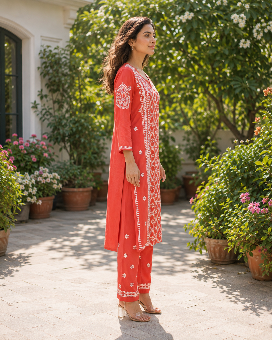 Coral Red Handcrafted Lucknowi Chikankari Kurta Pant Set for Women