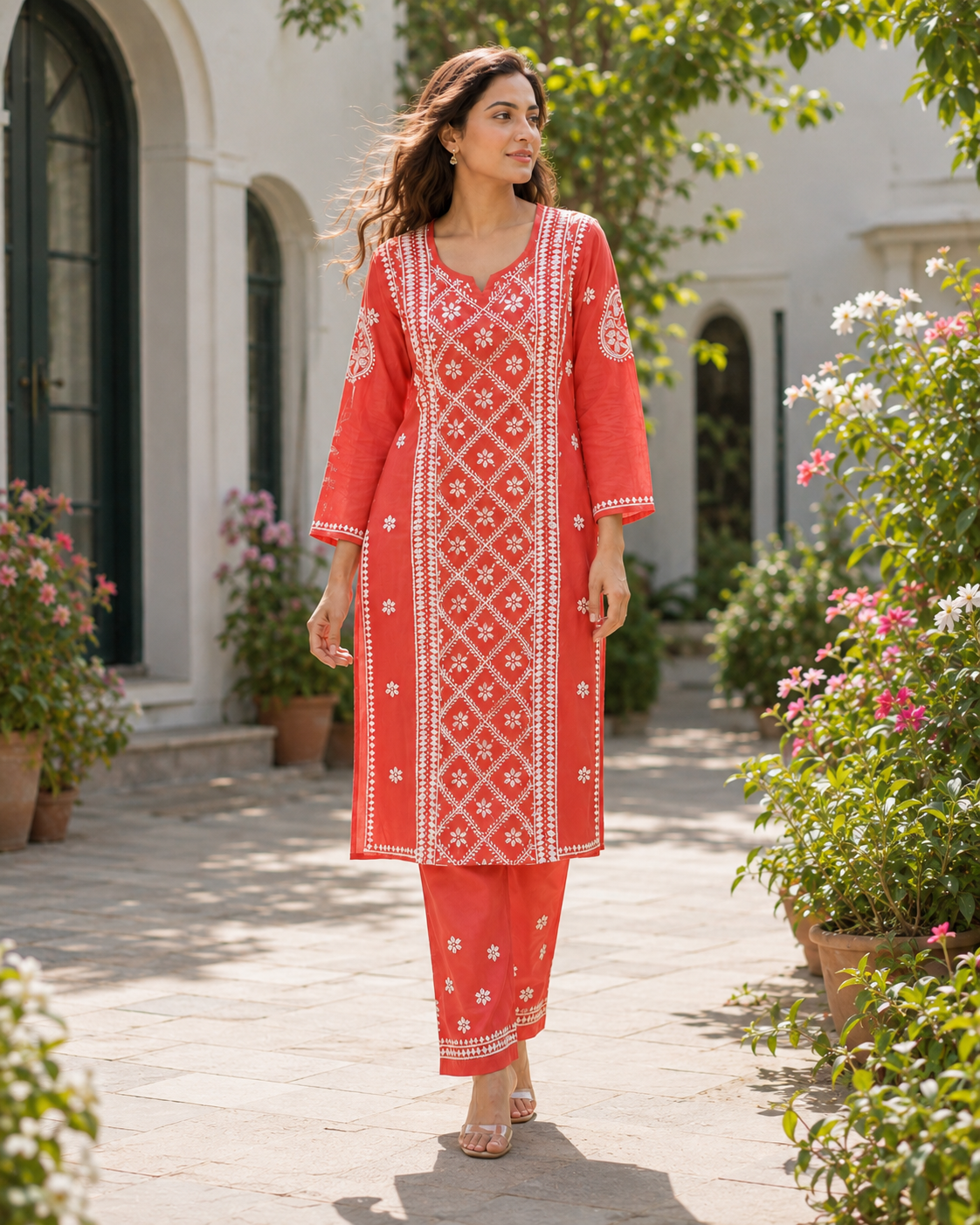 Coral Red Handcrafted Lucknowi Chikankari Kurta Pant Set for Women