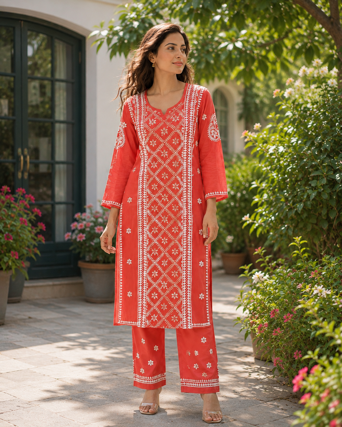 Coral Red Handcrafted Lucknowi Chikankari Kurta Pant Set for Women