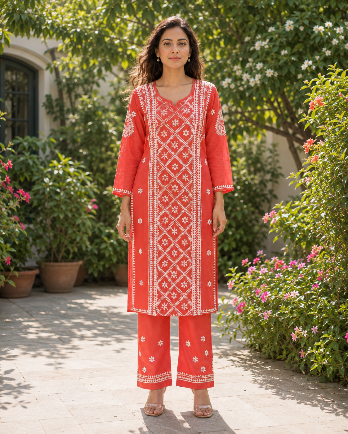 Coral Red Handcrafted Lucknowi Chikankari Kurta Pant Set for Women