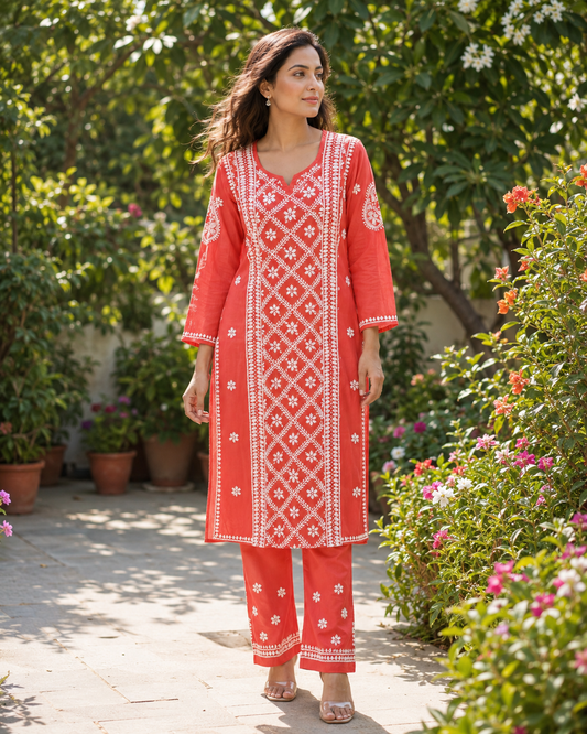 Coral Red Handcrafted Lucknowi Chikankari Kurta Pant Set for Women