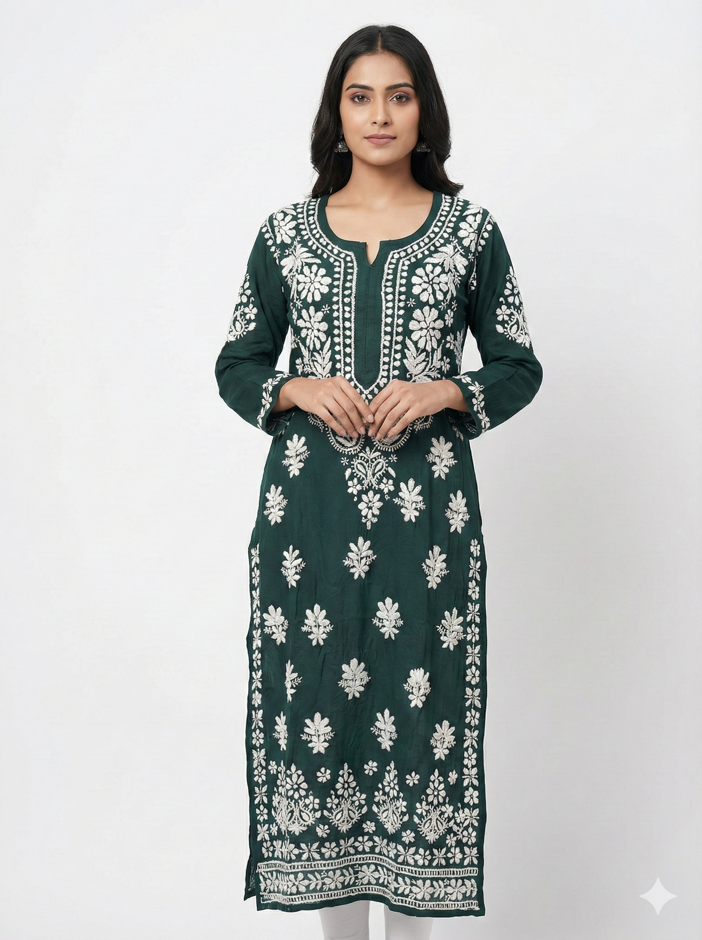 Dark Green Lucknowi Chikankari Hand-Embroidered Straight Kurti (Modal Fabric)