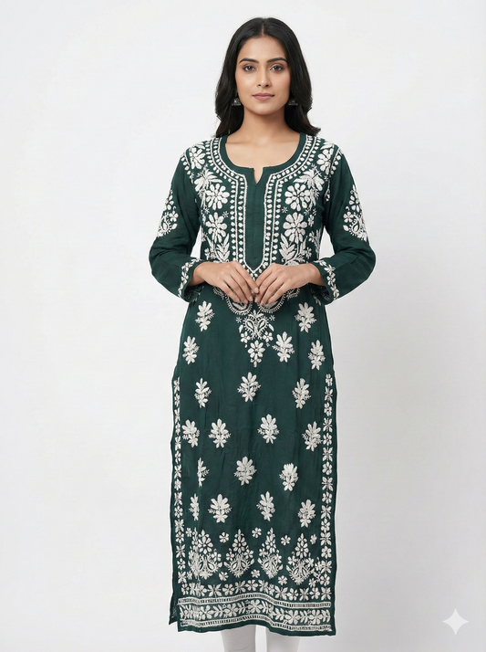 Dark green modal Chikankari kurti embroidery close up