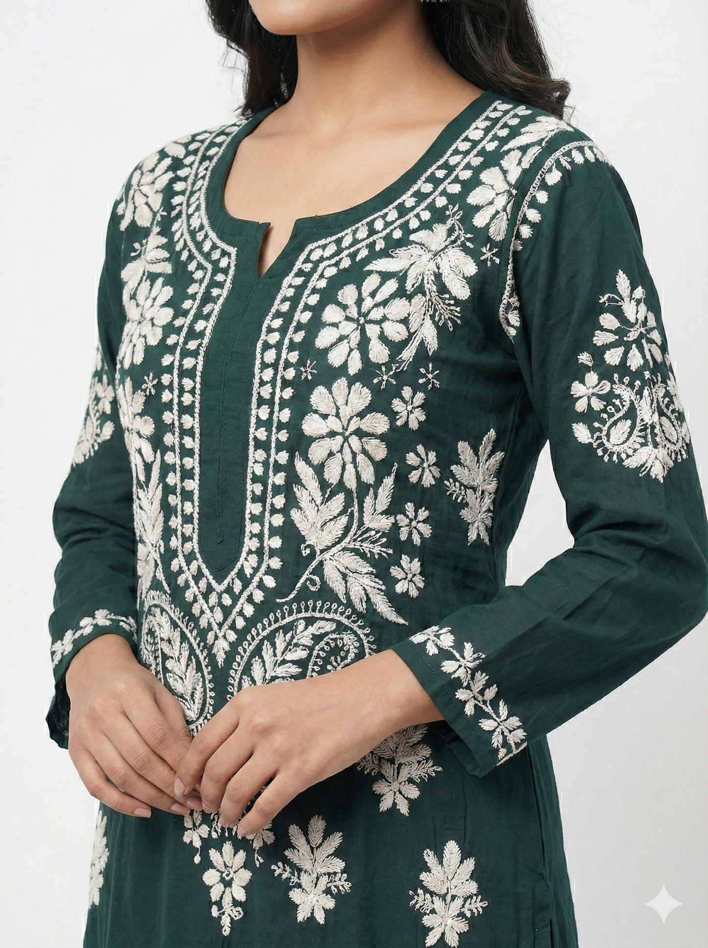 Dark Green Lucknowi Chikankari Hand-Embroidered Straight Kurti (Modal Fabric)