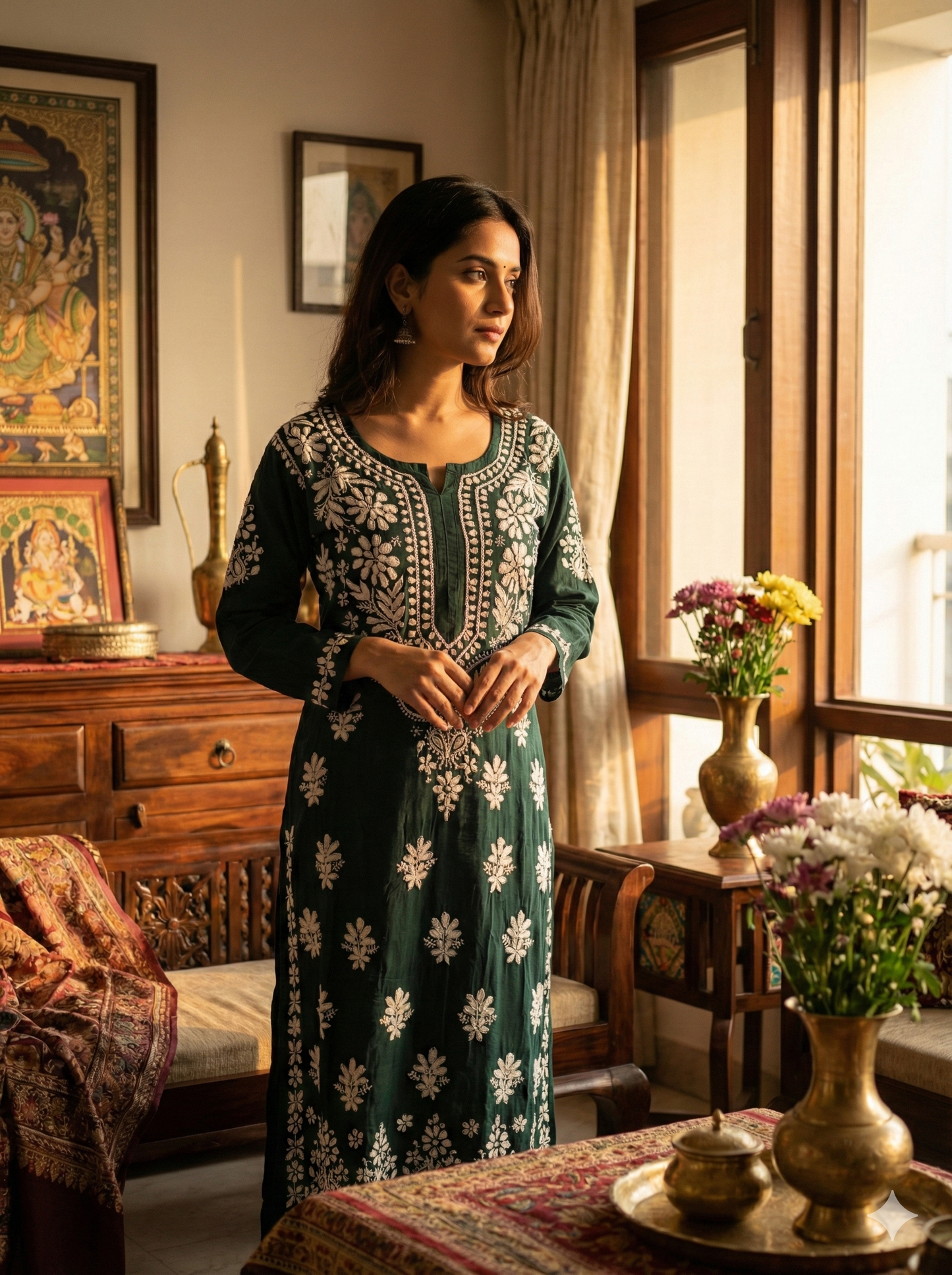Dark Green Lucknowi Chikankari Hand-Embroidered Straight Kurti (Modal Fabric)