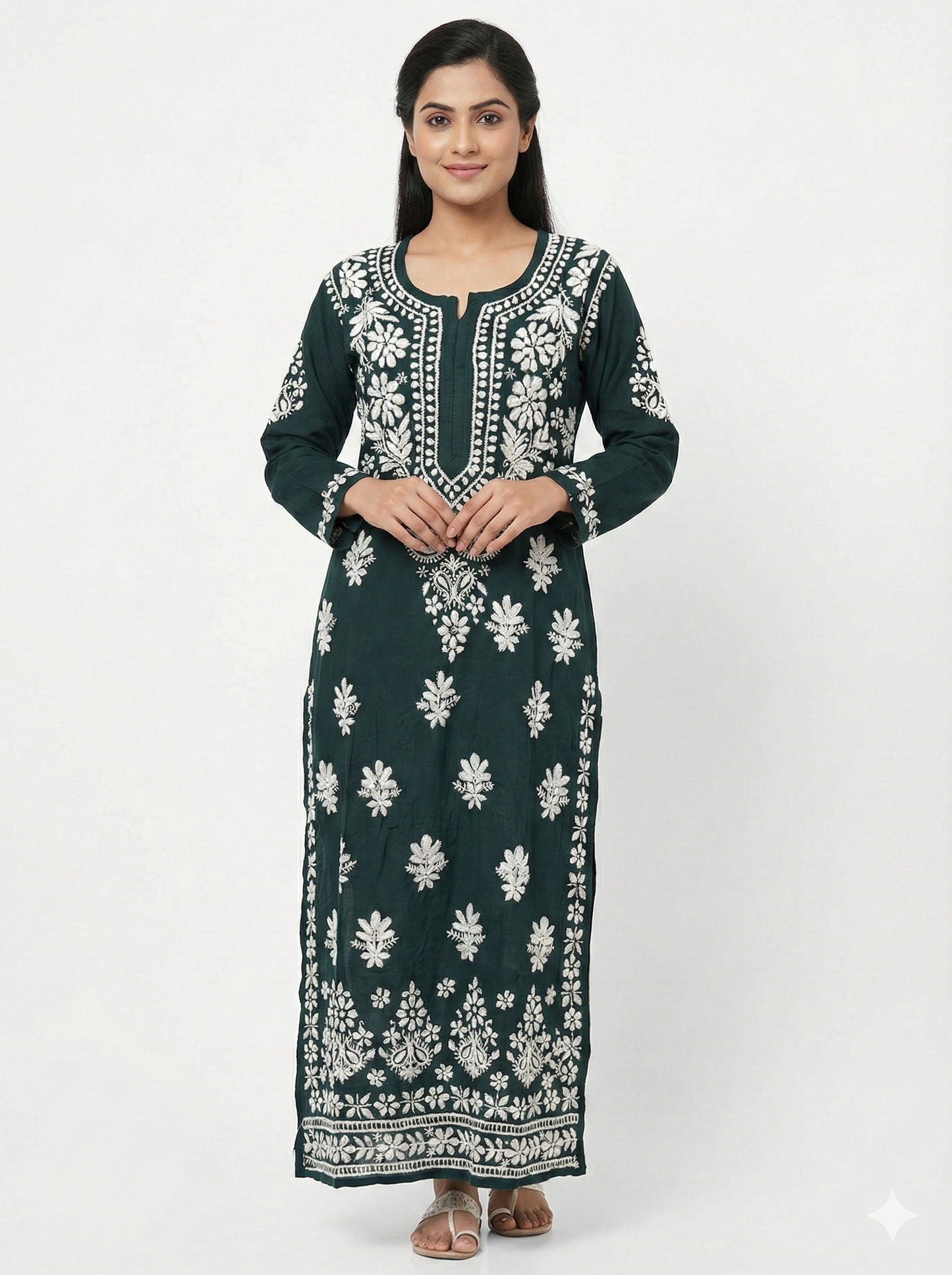 Dark Green Lucknowi Chikankari Hand-Embroidered Straight Kurti (Modal Fabric)